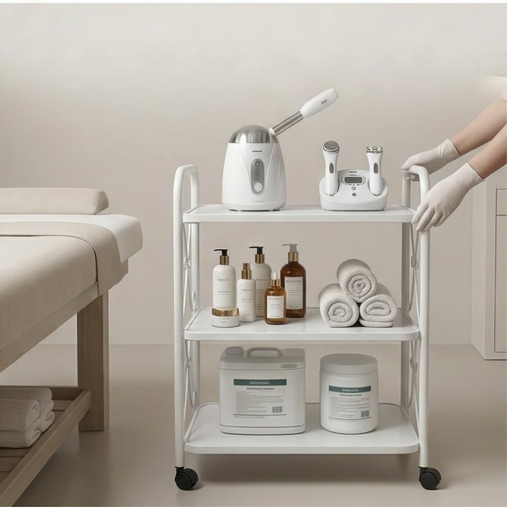 Mesa auxiliar 3 entrepaños reforzados con rueditas para aparatologia - Imagen 6